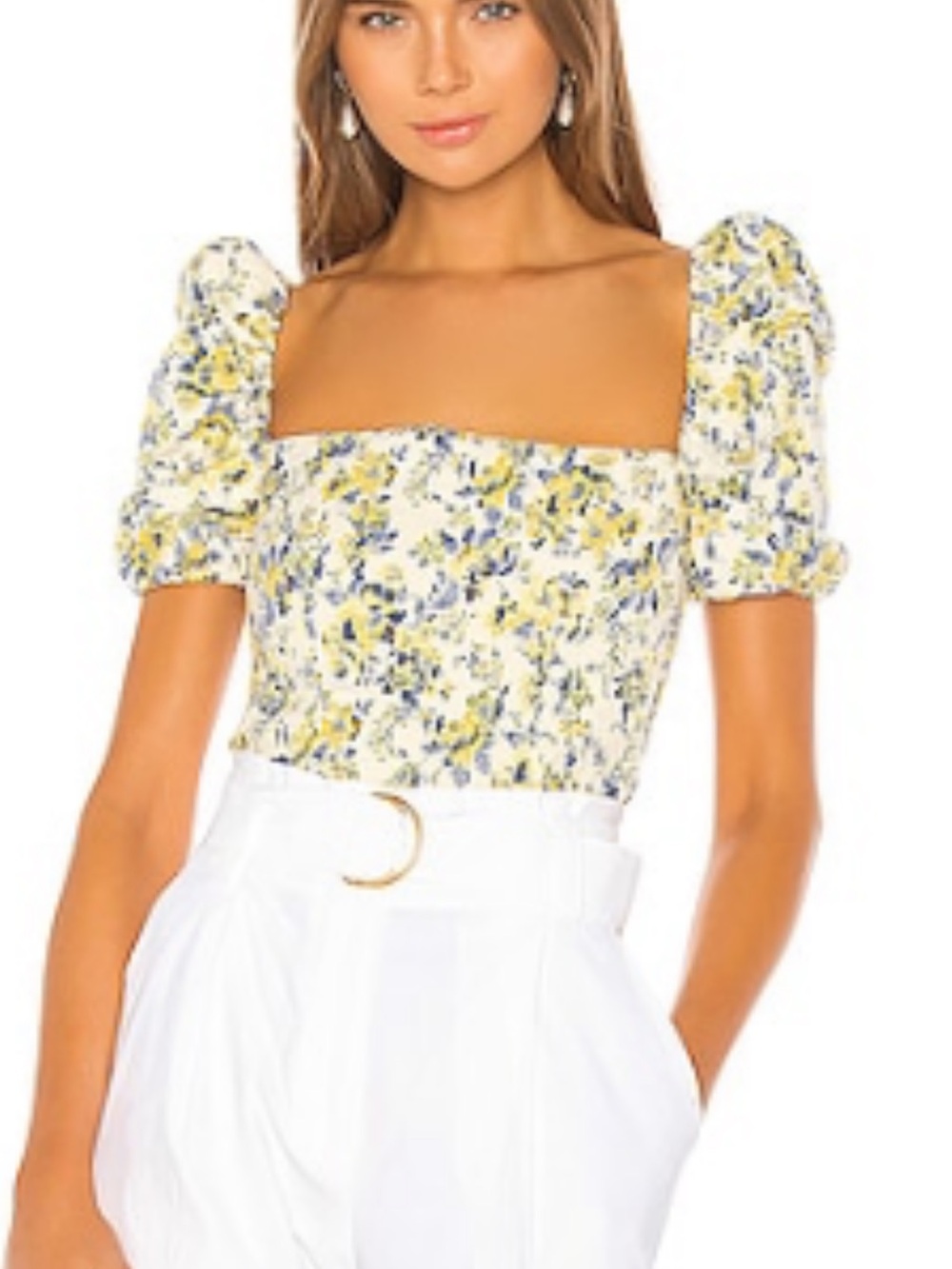 Lovers + Friends Cream Floral Square-Neck Puff Sleeve Top
